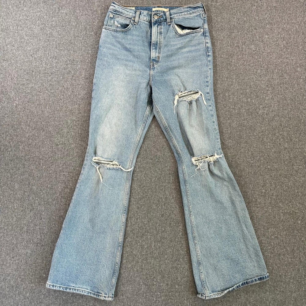 Levis Premium 70s High Flare Jeans Womens 28 Blue Distressed Ripped Denim Pants